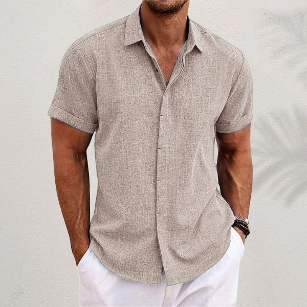 Camisa de Lino para Hombre de Manga Corta con Cuello de Solapa y Botones