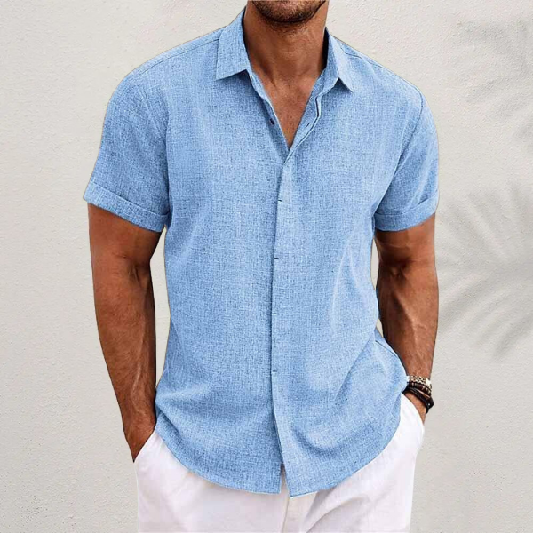 Camisa de Lino para Hombre de Manga Corta con Cuello de Solapa y Botones